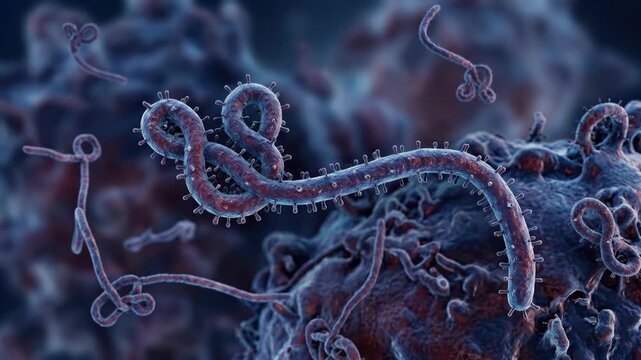 Pathogen spread concept: ebola virus, deadly microbe, human infection, illness threat, global pandemic, microscopic form, health science, crisis response, cellular damage, biological hazard.