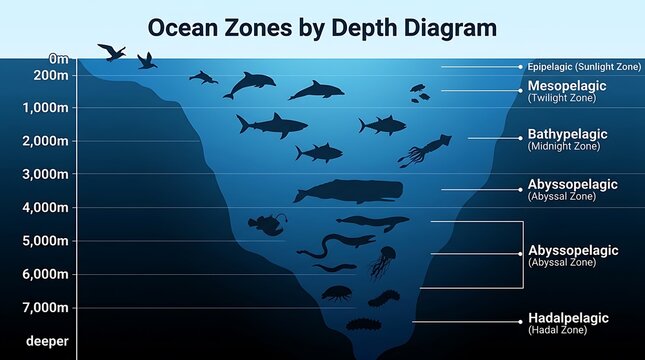 Ocean depth zones infographic showing marine life layers