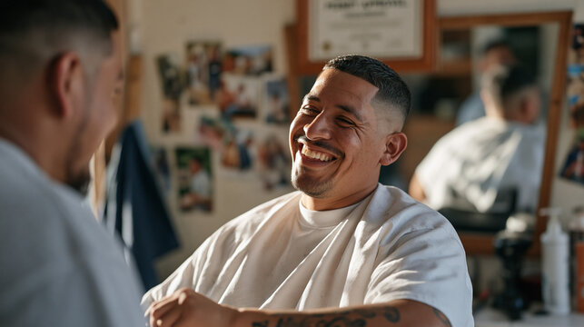 Barber pauses mid fade in a modest home barbershop as a candid laugh breaks out between him and his long term client, the informal domestic setting filled with personal photos and