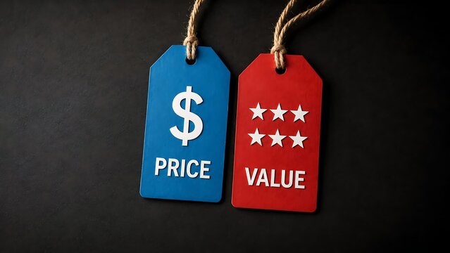 Blue and red price and value tags hanging on strings for business commerce