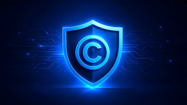 Glowing blue digital shield with copyright symbol for intellectual property protection
