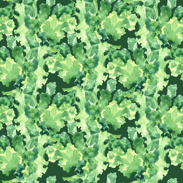 Seamless pattern of the lettuce rows on a green background. Watercolor illustration. Handmade art work. For packaging design, cards, cover, prints, product labels and fabric.