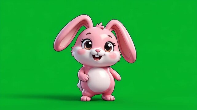 Adorable Pink Cartoon Bunny Character Standing and Smiling on Green Screen Background, Cute Easter Mascot Design
