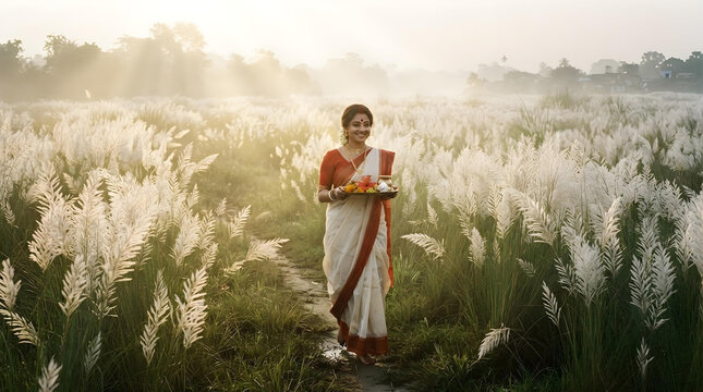 Serene early morning Pujo morning scene, misty atmosphere with soft golden sunbeams filtering through blooming white Kash phool