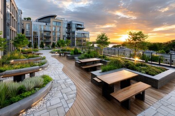 Fototapeta premium Modern Rooftop Patio with Sunset View