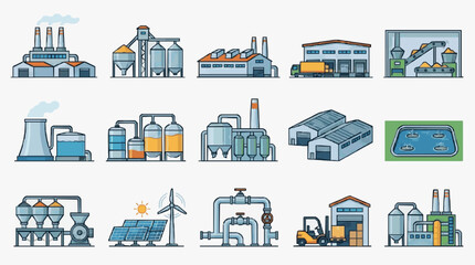 Fototapeta premium Minimalist Illustrations of Various Industrial Facilities and Renewable Energy Systems in Colorful Style