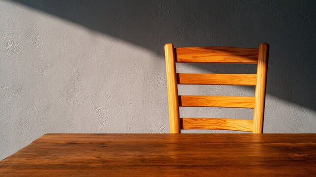 A wooden chair with horizontal slats is positioned behind a wooden table, illuminated by sunlight casting shadows on a textured wall.