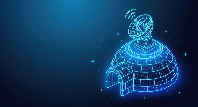 Futuristic Igloo with Satellite Dish Broadcasting Signals on a Digital Blue Background