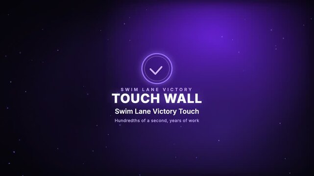 Swim Lane Victory Touch, hundredths of a second, years of work, featuring a certificate style badge seal and a triangle particle motion graphic background for sports moments