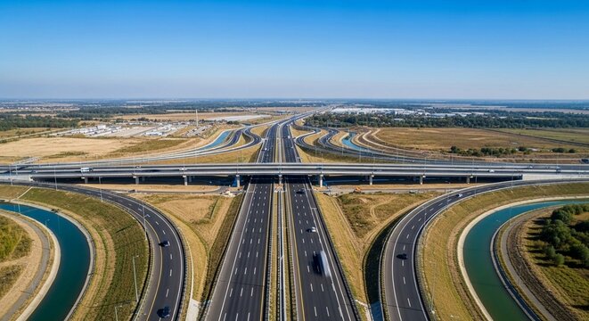 Vast highway interchange from high altitude drone view showcasing complex transportation network