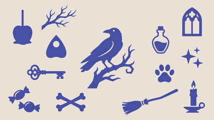 Obraz premium Spooky Halloween Symbols Set with Raven on Branch and Magic Icons Vector Illustration