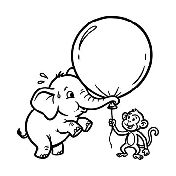 Elephant blowing a balloon while a monkey assists.
