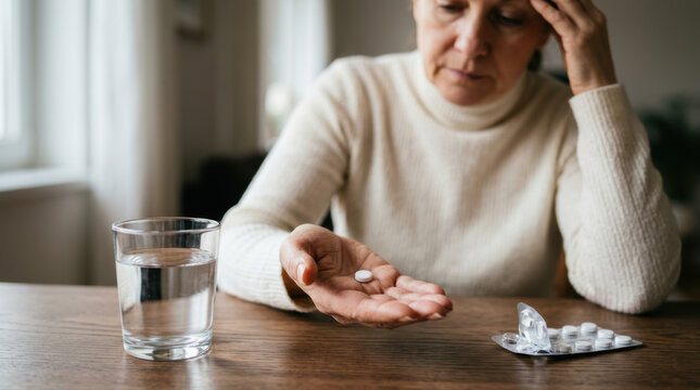 Senior woman headache pain medication pill healthcare illness stress glass of water home table hand close up treatment disease sick depression anxiety female alone lifestyle interior casual