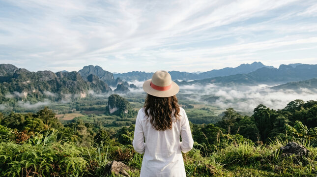 Woman travel mountain landscape nature forest valley cloud sky sunrise adventure tourism outdoor freedom exploration viewpoint mist scenic horizon hill backpacker relaxation wanderlust serene
