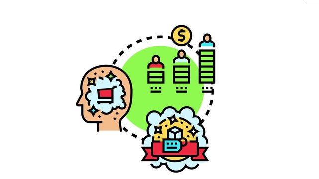 Illustration showing an individual thinking about shopping and purchasing. Connecting to a data visualization of consumer tiers. Symbolizing strategic analysis of customer behavior and market research