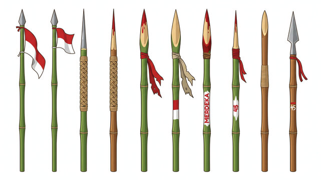 Collection of Indonesian bambu runcing bamboo spears with red white flags for independence day