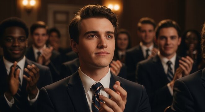 A stylish image of a young man in a formal suit adjusting his tie, surrounded by multiple reflective clones in a dimly lit, sophisticated room with warm lighting