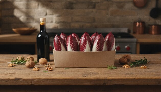 Fresh red chicory in punnet with walnuts and herbs on wood