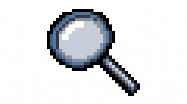 8-bit pixel art of a magnifying glass search UI icon isolated on white.