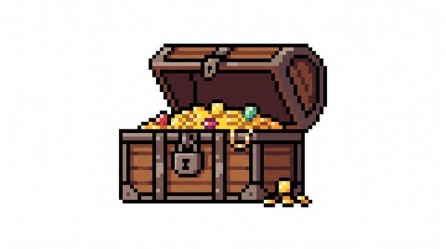 8-bit pixel art of an open wooden treasure chest with gold isolated on white.