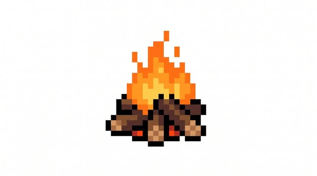8-bit pixel art of a burning campfire RPG game asset isolated on white.