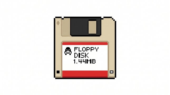 8-bit pixel art of a retro floppy disk technology icon isolated on white.