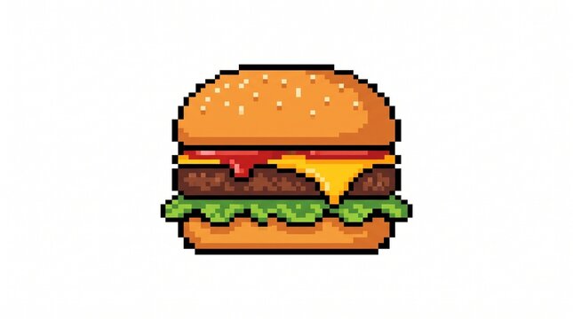 8-bit pixel art of a delicious cheeseburger retro game asset isolated on white.