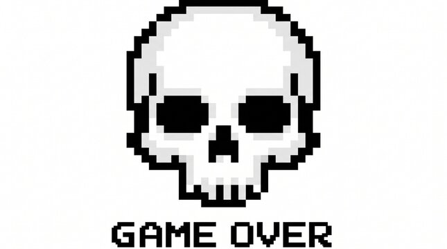 8-bit pixel art of a white skull danger game asset isolated on white.