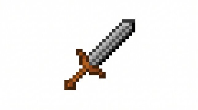 8-bit pixel art of an iron sword retro RPG video game asset isolated on white.