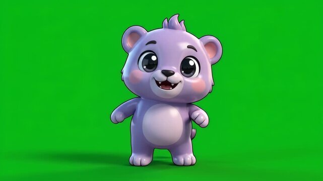 Adorable 3D Cartoon Purple Bear Character Standing and Smiling on Green Screen Background for Animation and Marketing