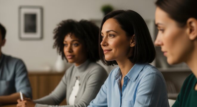 A professional vector illustration showing three diverse women in a meeting setting, engaged in discussion with focused expressions, warm lighting, and a modern office ambiance.