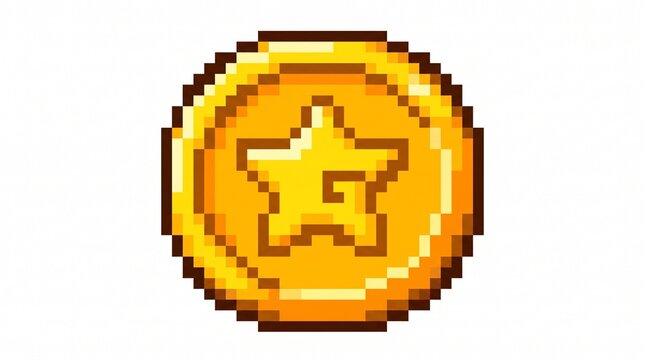 8-bit pixel art of a shiny gold coin arcade game asset isolated on white.