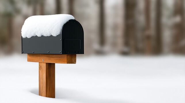 A black mailbox on a wooden post is covered with a layer of snow, standing amidst a snowy landscape with blurred trees in the background.
