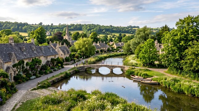 Scenic view of a historic stone village with a small arched bridge over a calm river, surrounded by lush green trees