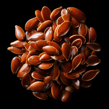 Glossy brown flax seeds isolated on a dark background with clipping path, depicting natural texture and organic nutrition concept