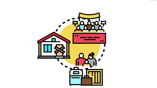 Ancestral belonging concept people moving with luggage, connecting to their community and heritage with an abandoned home, emphasizing roots and legacy