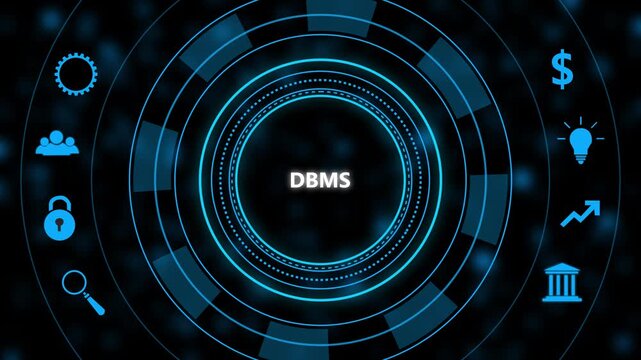 Dbms database management system hud interface with digital and rotating circular hud for tech and data science presentations