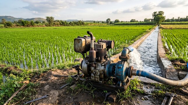 Water pump engine irrigating a green rice paddy field in a rural landscape with a small irrigation canal nearby