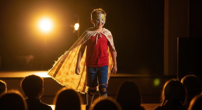 A young child dressed as a superhero with a lightning bolt mask and colorful cape performs confidently on stage under warm spotlight during a theatrical play or school presentation.