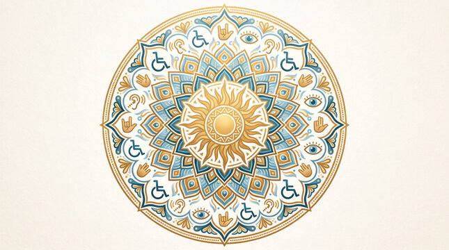 Inclusive mandala illustration featuring symbolic icons representing accessibility diversity equality and universal unity circular design element with central radiant sun motif