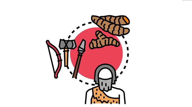 Ancestral roots concept representing early human life, evolution, and ancient civilization with primitive tools like a spear and axe, accompanied by natural root foods