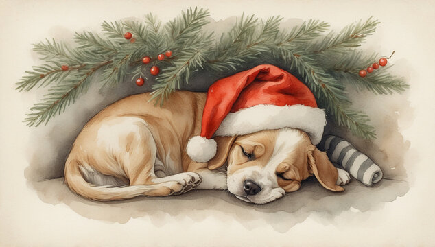 Adorable winter puppy sleeping in red Santa Claus hat painting. Festive pet watercolor with pine branch decorations for Christmas season.