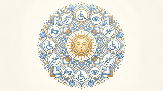 Inclusive accessibility mandala featuring diverse disability awareness symbols arranged within intricate ornate floral geometric art patterns with integrating various accessibility