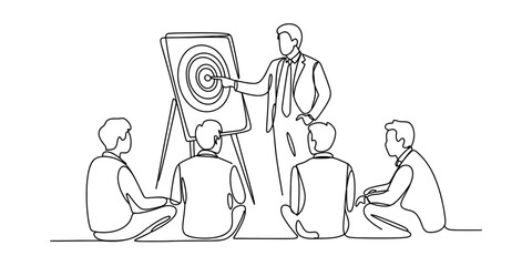 mother and son, Professional Continuous Line Drawing Depicting Businessman Pointing to Target Board in Team Strategy Presentation Meeting