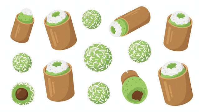 Assorted traditional Indonesian street food snacks Kue Putu and Klepon vector illustration