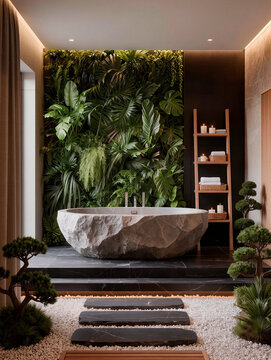 Stone Bathtub in Zen Bathroom with Vertical Garden