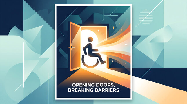 Inclusive accessibility concept featuring a wheelchair user passing through an open doorway towards opportunity with geometric abstract background displays stylized wheelchair