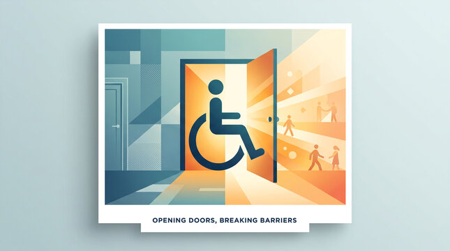 Inclusive access concept featuring a wheelchair symbol moving through an open doorway towards bright light with illustrates wheelchair icon transitioning dark geometric background bright