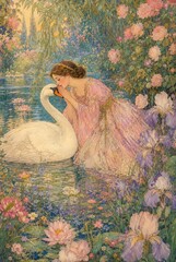 Fototapeta premium Elegant lady with swan in enchanting floral setting.