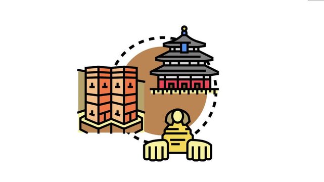 Ancient civilization structures including a layered pagoda style temple, a stepped ziggurat building, and a mythical beast statue forming an historical religious and architectural theme
